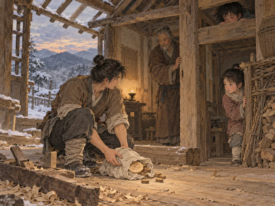 山屋里,小木匠拾起落地布包,女孩从柴垛后探出,哥哥藏在梁间夹层,受伤老人守在门边。