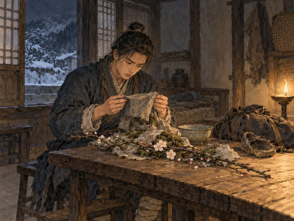 旅途夜宿的年轻驿夫在灯下拆开裹梅的湿布,手停在一截缝线歪斜的旧袖上,梅枝横放桌面。
