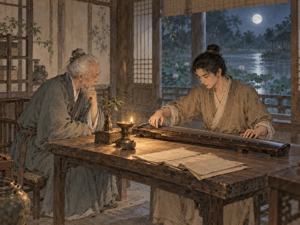 夏夜南亭内,青年坐在古琴前低腕拨弦,白发老人侧身凝望他的右手,案角摊着旧纸。