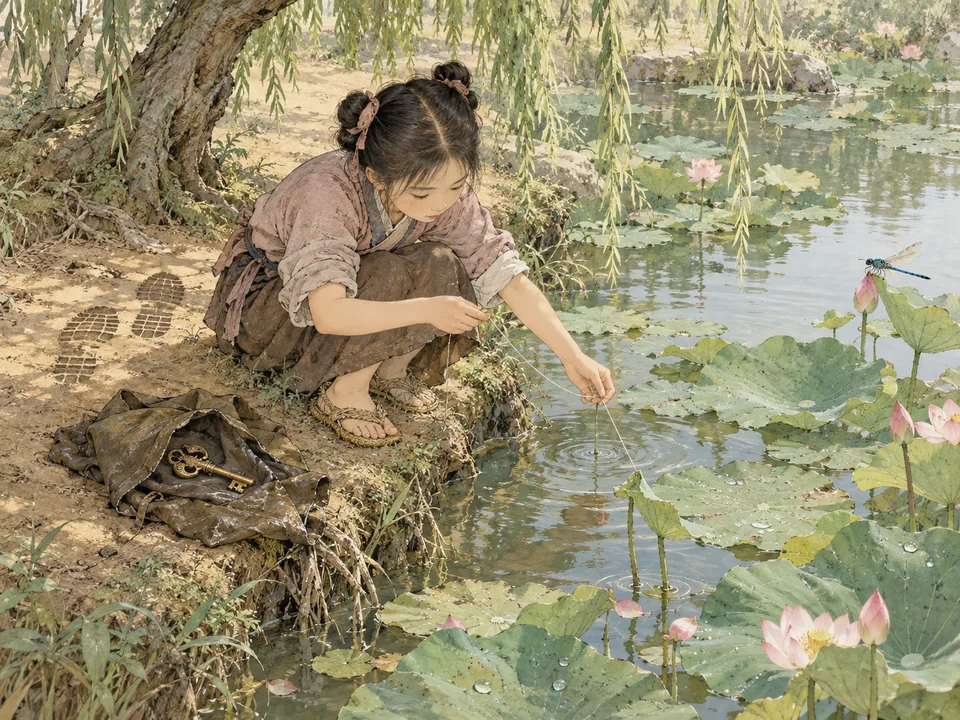 浅夏池边，梳双髻的女孩蹲在柳根旁，挑起细麻线，湿油布包里露出一把铜钥和嫩荷。
