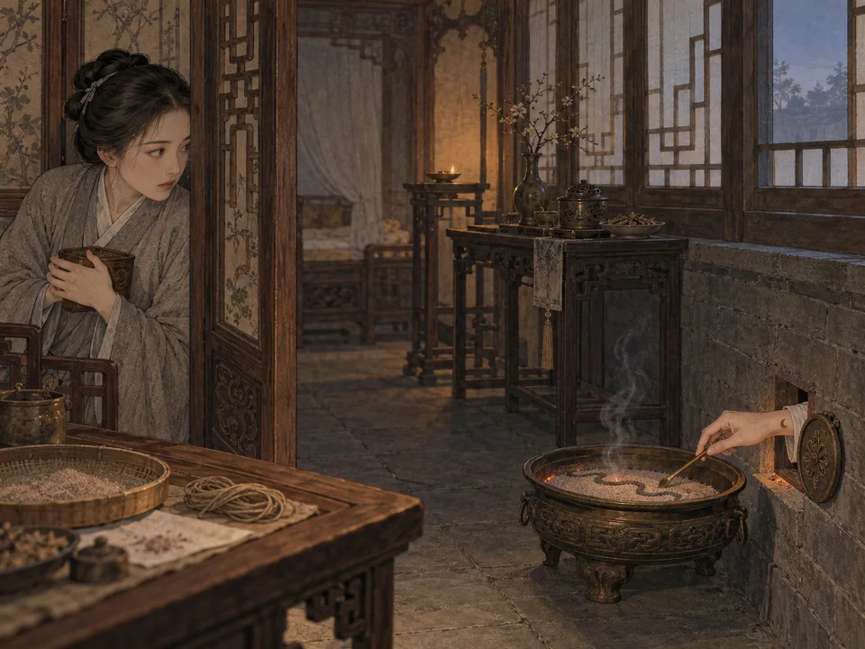 黎明前的香室里,女子藏在屏风后,望着墙脚铜孔伸出的手用细铜匙拨开炉中香粉。