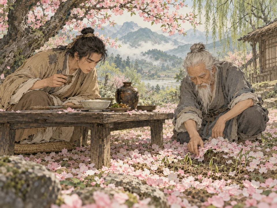满地落花的山中宴席旁，枯瘦老人指向案下青苗，布衣青年俯身察看，身后春枝仍盛。