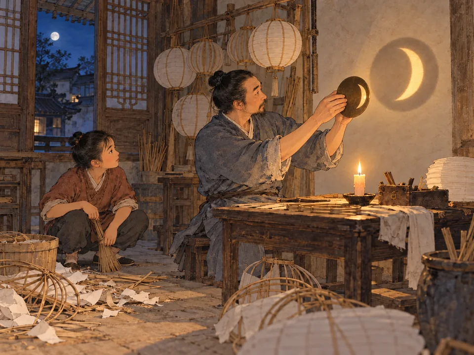 夜间灯铺中,中年灯匠举铜片对着烛火,墙上浮出一弯月;少年学徒蹲在碎竹骨旁。