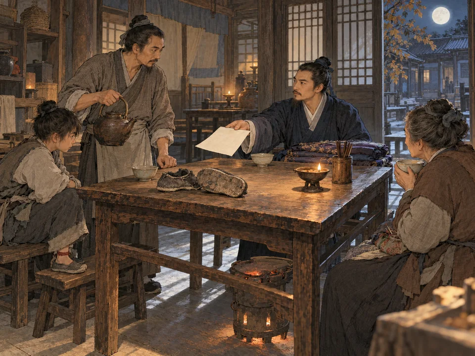 夜间客店里,掌柜把旧鞋放在桌边提壶添茶,绸衣客人递出折纸,少年与老妇坐在两侧。