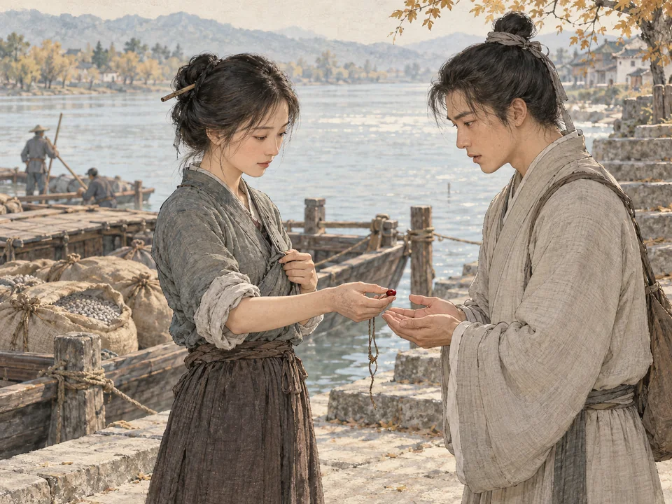 初秋码头上,女子将一颗穿孔红豆交到男子掌心,船里堆着麻袋,一只袋口露出灰白豆种。
