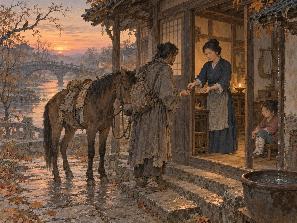 秋暮旧客舍门前，旅人牵瘦马递出铜钱，女掌柜退回两枚；屋内女孩坐在接雨盆旁。