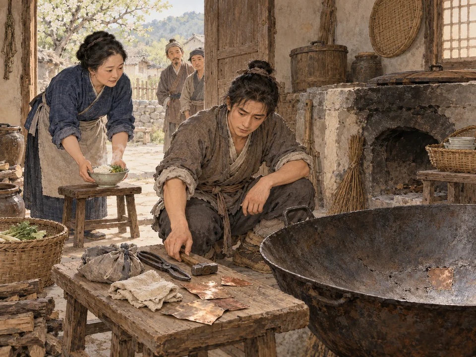春日农家后灶,年轻补锅匠在冷铁锅旁摆开手锤铜片,女主人把热饭放到矮凳上,门外站着两名成人。