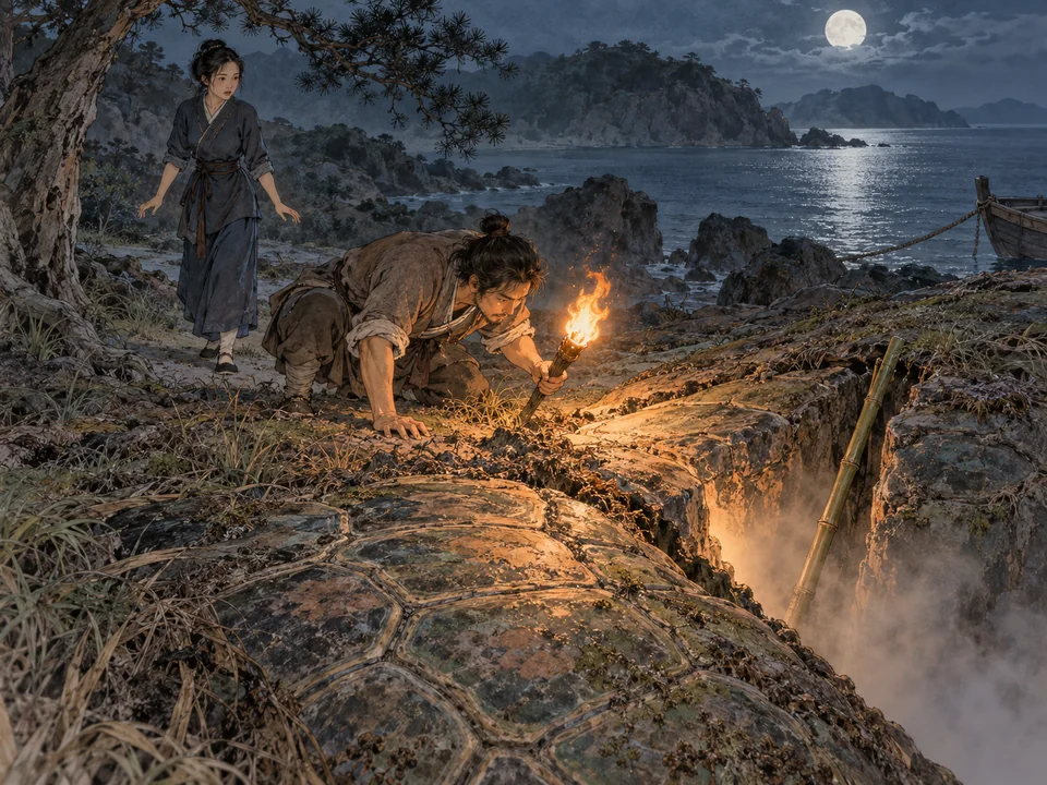夜色海岸上,灰衣男子举火把俯看岩缝,青衣女子空手退开,竹竿斜插岩缝,地面露出覆着草根的巨大甲纹。
