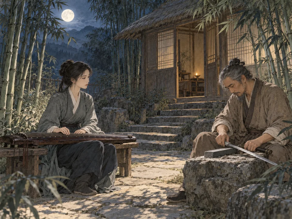 清朗月夜的竹馆石阶上,成年女子坐在旧琴旁,白发师父坐对面磨一柄平放在石上的长剑,竹影横过衣袖。
