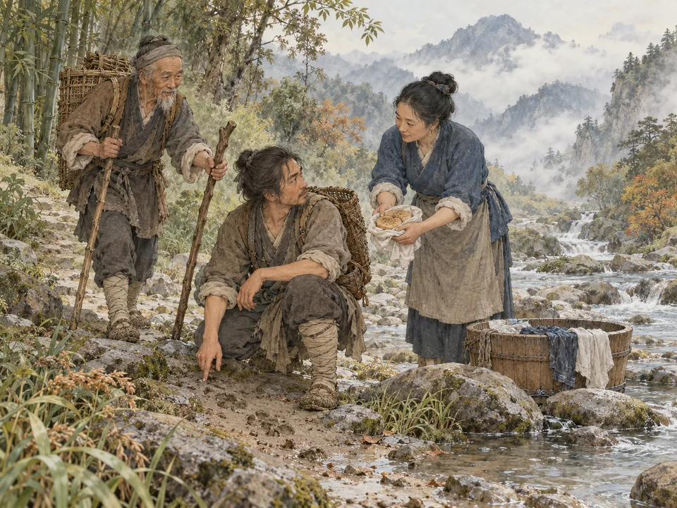 山溪边,布衣寻踪人蹲看泥迹,成年洗衣妇递来包好的粗饼,补篓老汉从竹径送来一根山杖。