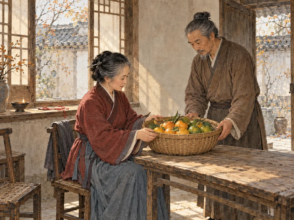 秋末室内,两名年近六十的成年人隔着一只橙橘筐站坐相望,男子扶筐,女子握住筐沿,窗下放着一段红绳。