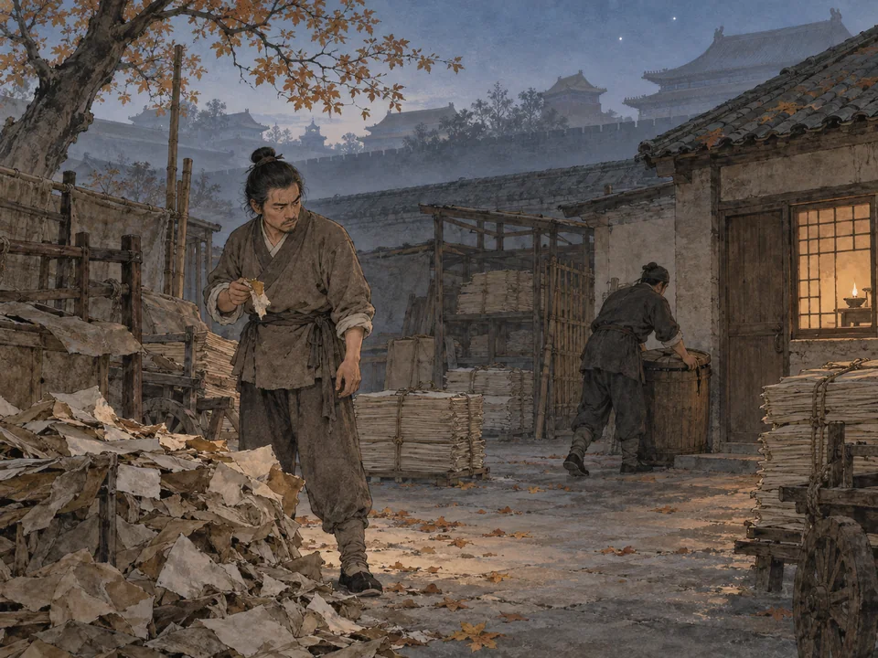 薄雾中的旧纸行砖院，一名灰褐短衣男子捻着沾油粗纸，另一名成年男子把木油桶移到值房后墙。