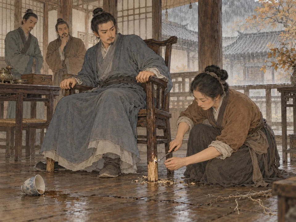 雨日木楼内,唱货人被深色交椅夹住,修器妇人蹲在椅边刮看新脚,地板上几道细白木根吸着倒下的茶水。